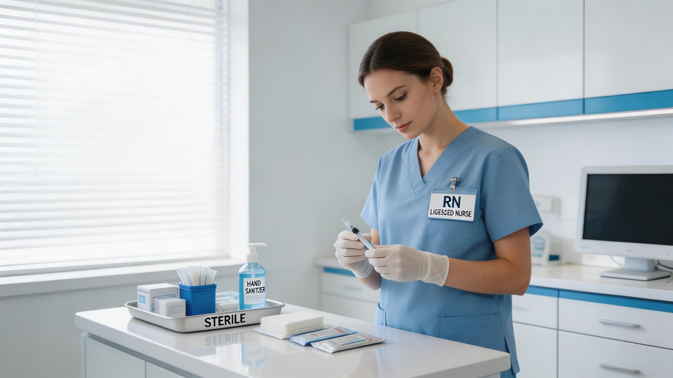 Licensed nurse preparing IV therapy safely