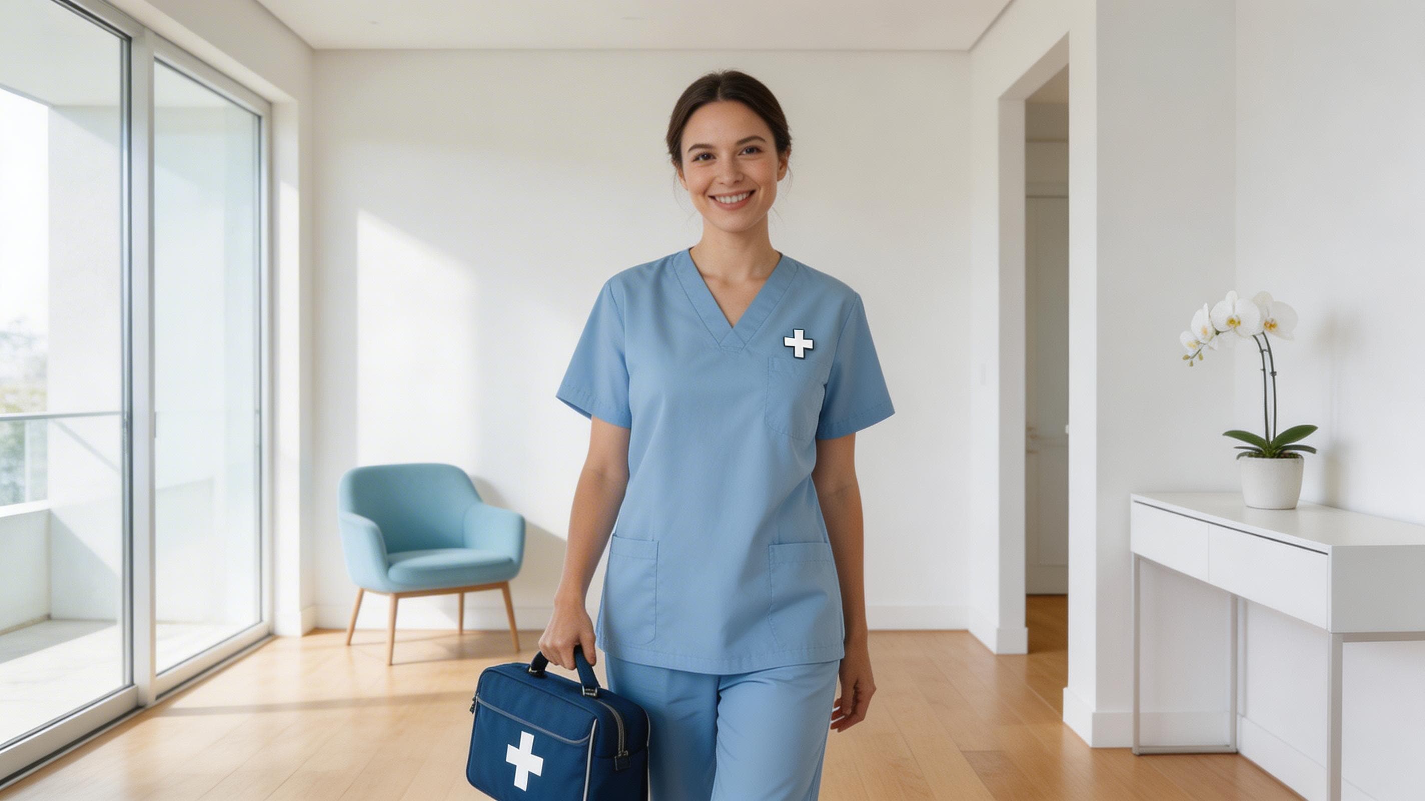 Professional nurse arriving at home with medical bag for mobile IV therapy